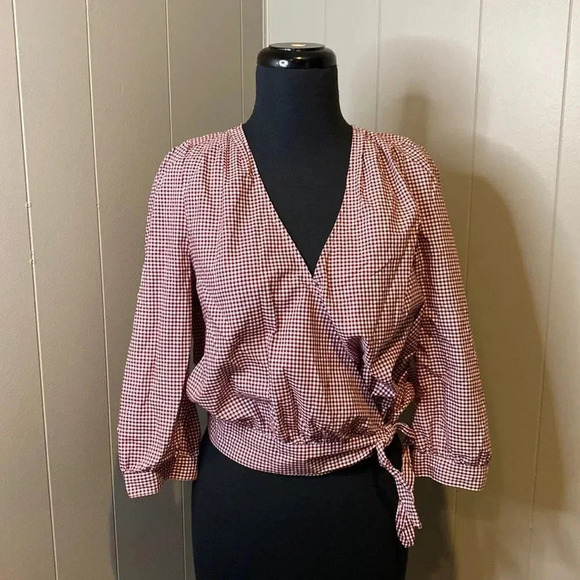 Madewell Tops - Madewell Small Red Gingham Check Wrap Top Tie Waist 3/4 Sleeves V-Neck